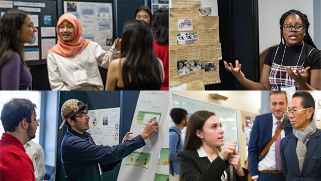 Collage of four photos showing students presenting posters at symposium