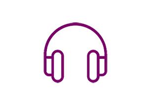 An icon of a line drawing of purple over ear headphones on a white background