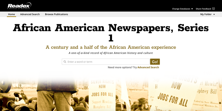 Screenshot of the homepage of the African American Newspapers, Series 1 database