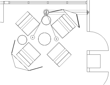 Blueprint showing nook with four chairs, one table, and two privacy screens