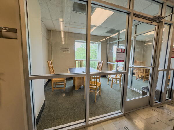Glass wall and door entrance into group study room