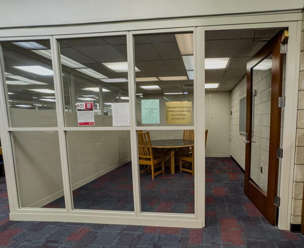 Glass wall and open door to group study room