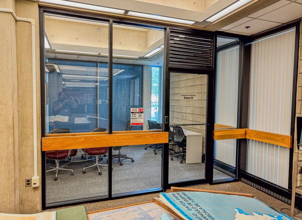 Glass wall and door entrance into group study room