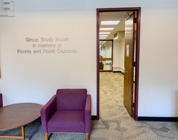 Entrance to the Group Study Room in memory of Fannie and Frank Capaccio