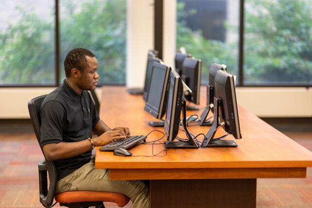 Photo of a student using a computer in the computer lab. 