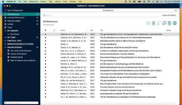 EndNote 21 interface displaying list of All References