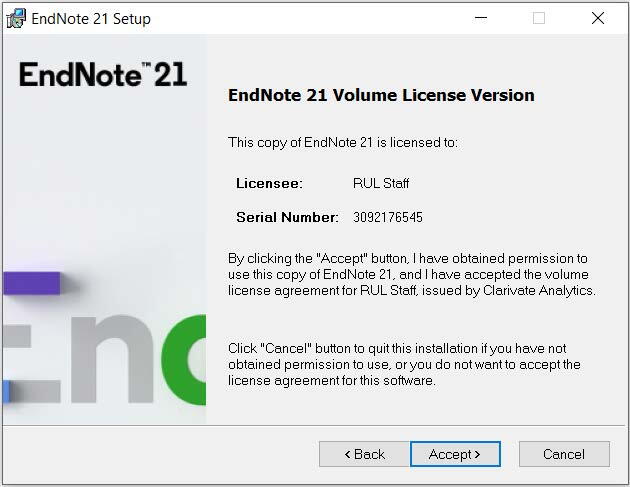 EndNote 21 Volume License Version screen from the software installation process. Press "Accept" to continue through the installation.