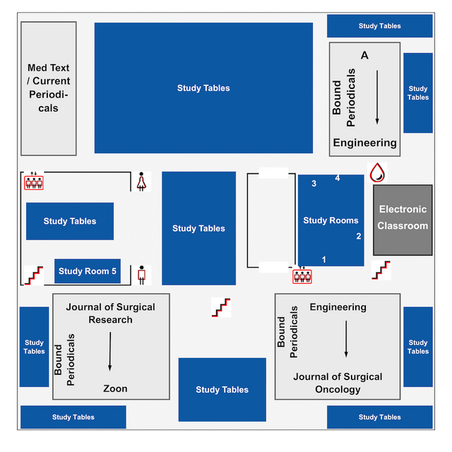 Map of third floor of LSM. Includes five study rooms, an Electronic Classroom, Stacks of periodicals, multiple Study Tables, and markings for stairs, elevators, printers, restrooms, and water fountains.