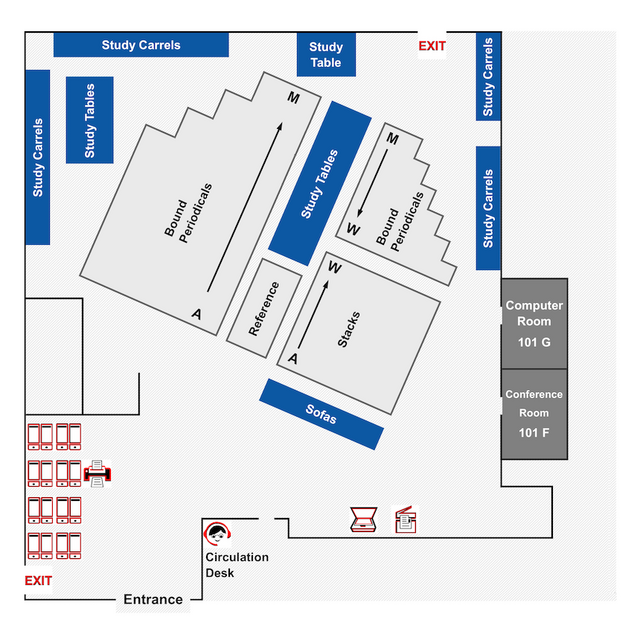 Map of RWJ Library. Includes entrance and exits, Computer Room, Conference Room, Reference, Bound, and Periodicals stacks, Study Carrels and tables, and printers.